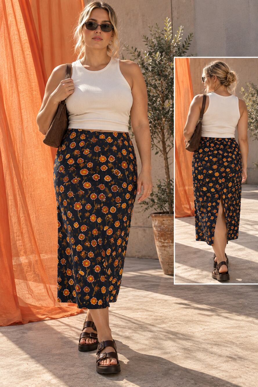 Vintage Acuatta Made in USA Navy Orange Floral Midi Skirt Size Large